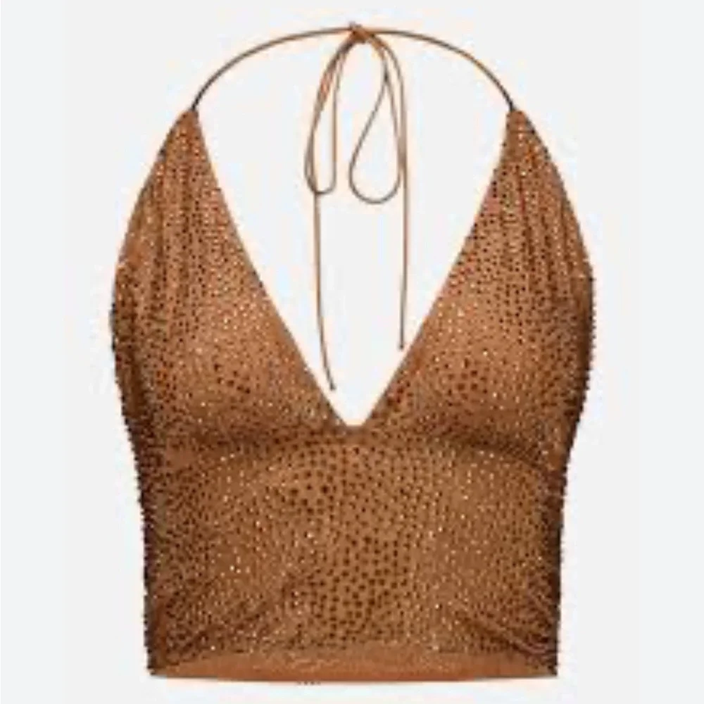 Alice and Olivia HANNAH EMBELLISHED TOP TAN/CRYSTAL - Picture 2 of 10